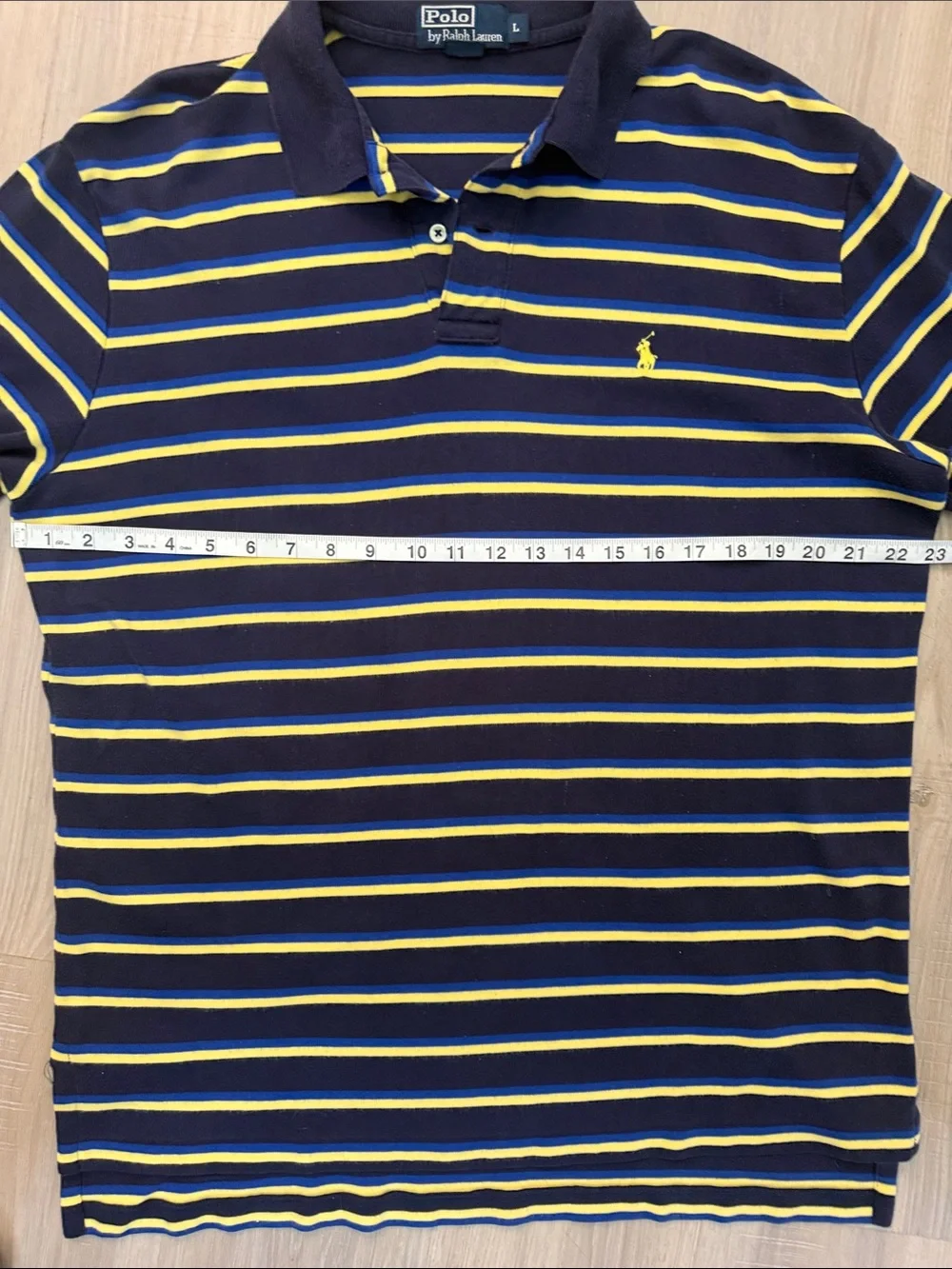 Vintage Ralph Lauren Polo Silver Label Navy and Yellow Striped Polo.  Sz L